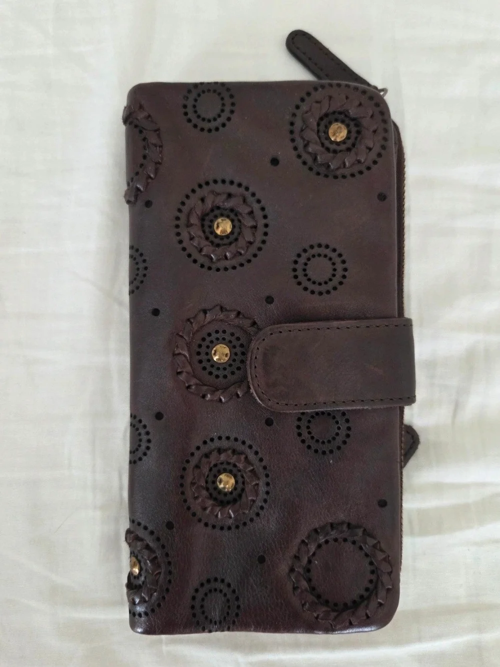 Women’s Brown Leather Zip Wallet with Decorative Studs
